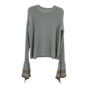 LOVERS + FRIENDS Open Knit Bell Sleeve Boho Retro Crewneck Sweater Gray M